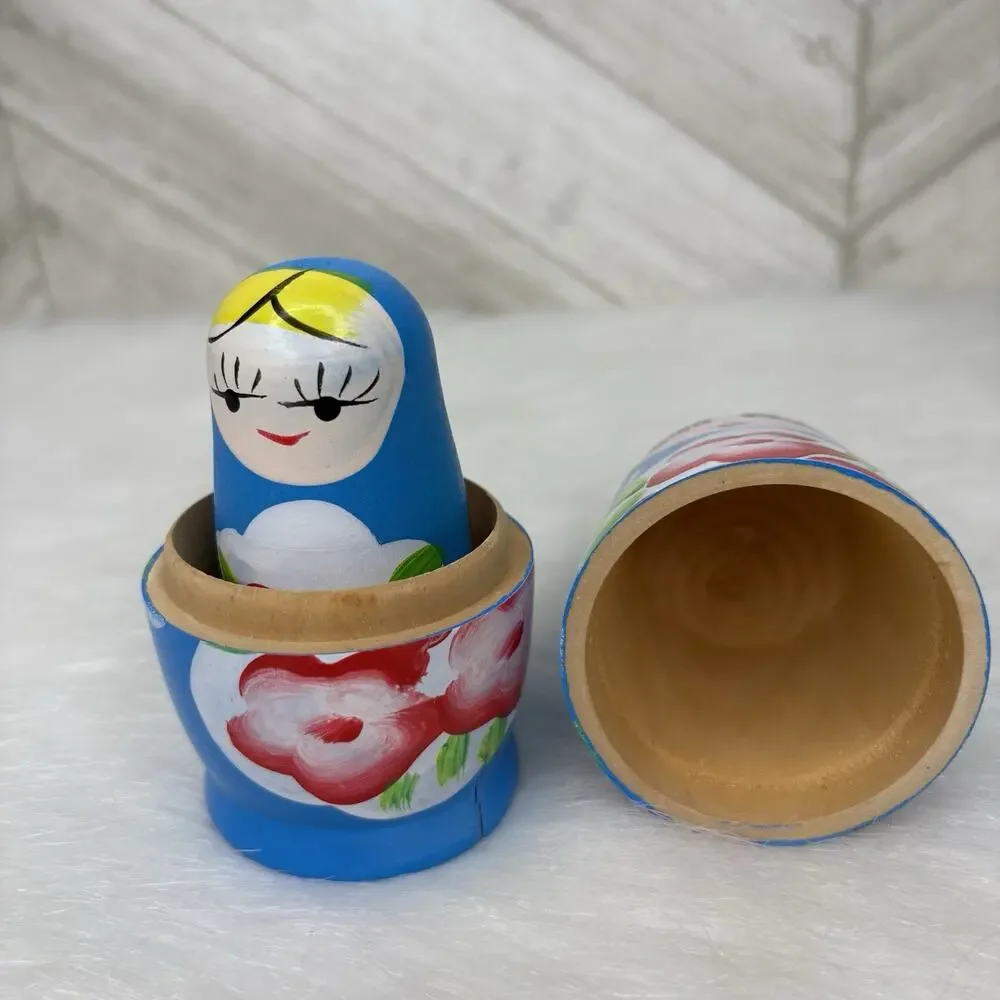 5 Pc Matryoshka Nesting Dolls Hand Painted Blue Floral Babushka Russian Wood